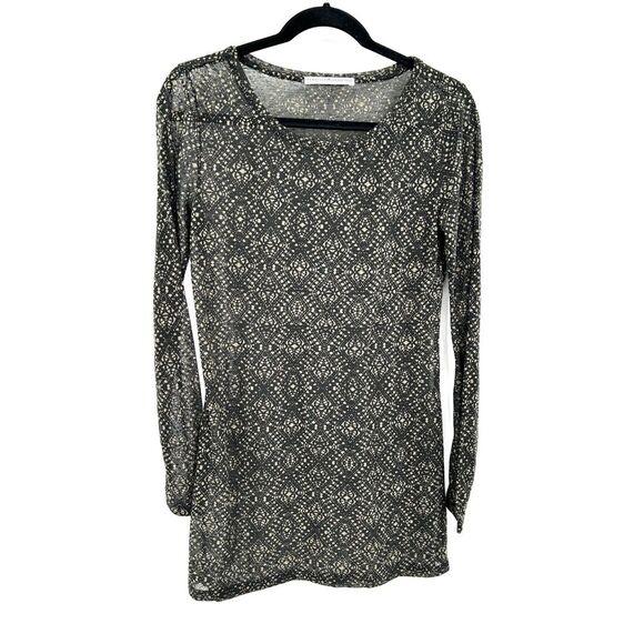 PERUVIAN CONNECTION Black Brown Sheer Long Sleeve Tunic Dress Top Size Small - Picture 1 of 5